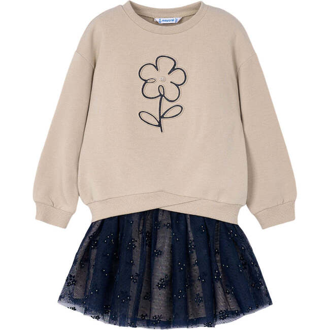 Girl Sweatshirt and Tulle Skirt Set, Beige
