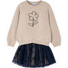 Girl Sweatshirt and Tulle Skirt Set, Beige - Mixed Apparel Set - 1 - thumbnail