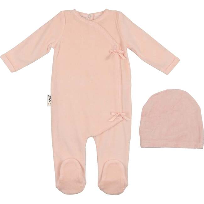 Velour Wrap Footie and Beanie Set, Light Pink
