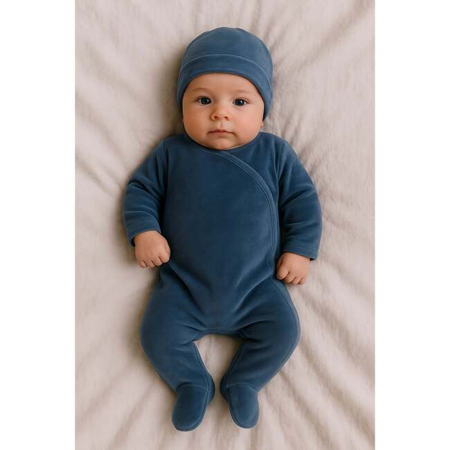 Velour Wrap Footie and Beanie Set, Navy - Footie Pajamas - 2