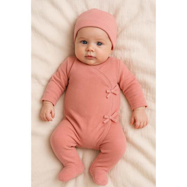 Velour Wrap Footie and Beanie Set, Mauve - Footie Pajamas - 2
