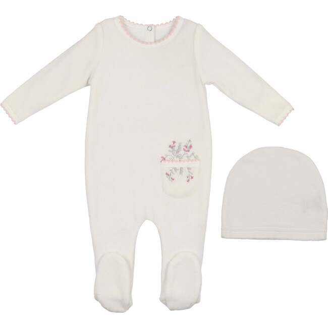 Velour Pocket Footie and Beanie Set, White