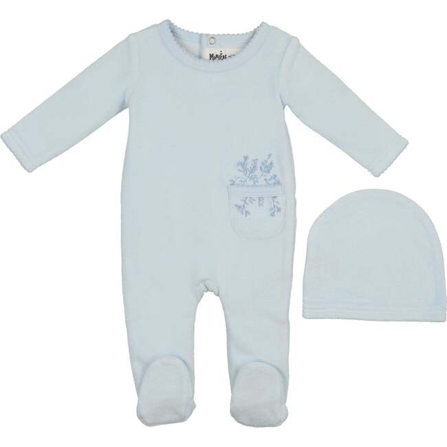 Velour Pocket Footie and Beanie Set, Pale Blue
