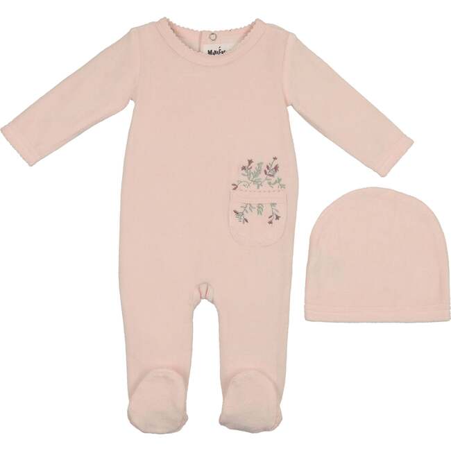 Velour Pocket Footie and Beanie Set, Baby Pink