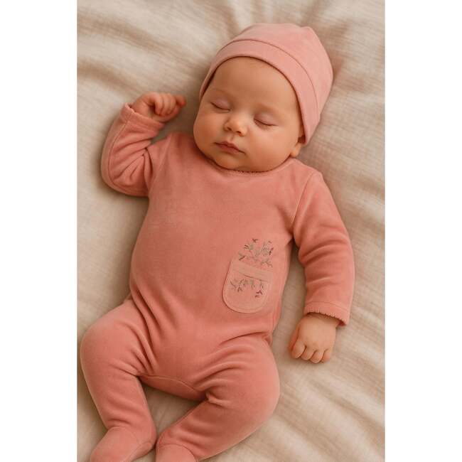 Velour Pocket Footie and Beanie Set, Baby Pink - Footie Pajamas - 2