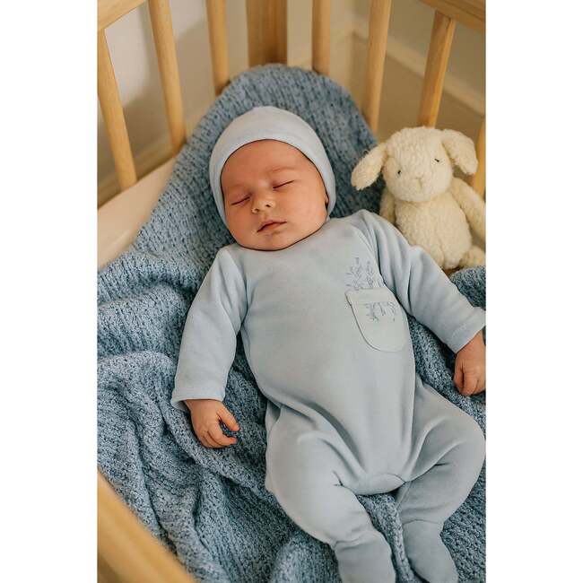 Velour Pocket Footie and Beanie Set, Pale Blue - Footie Pajamas - 2