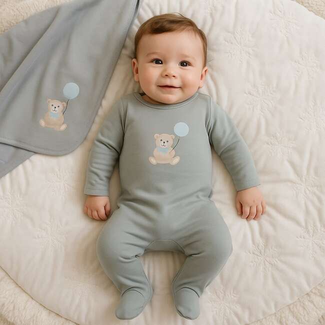 Teddy Printed Footie, Steel Blue - Footie Pajamas - 2