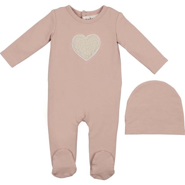 Sherpa Heart Footie and Beanie Set, Dusty Mauve
