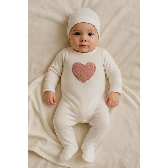 Sherpa Heart Footie and Beanie Set, Off White - Footie Pajamas - 2