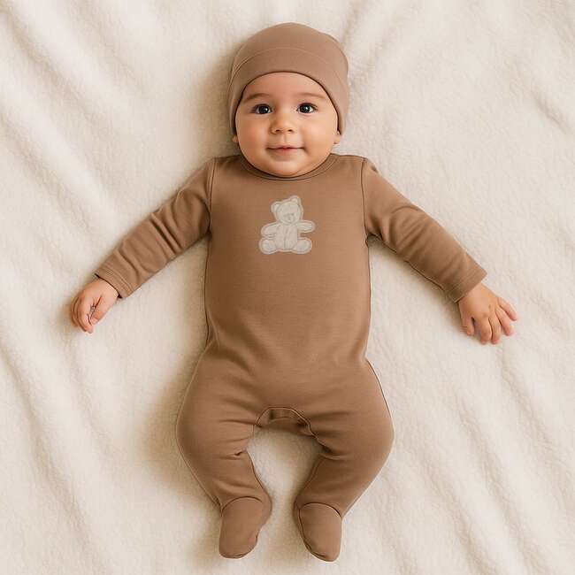 Sherpa Bear Footie and Beanie Set, Taupe - Footie Pajamas - 2