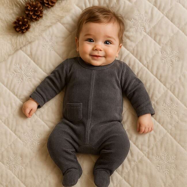 Ribbed Velour Footie and Beanie Set, Slate - Footie Pajamas - 2