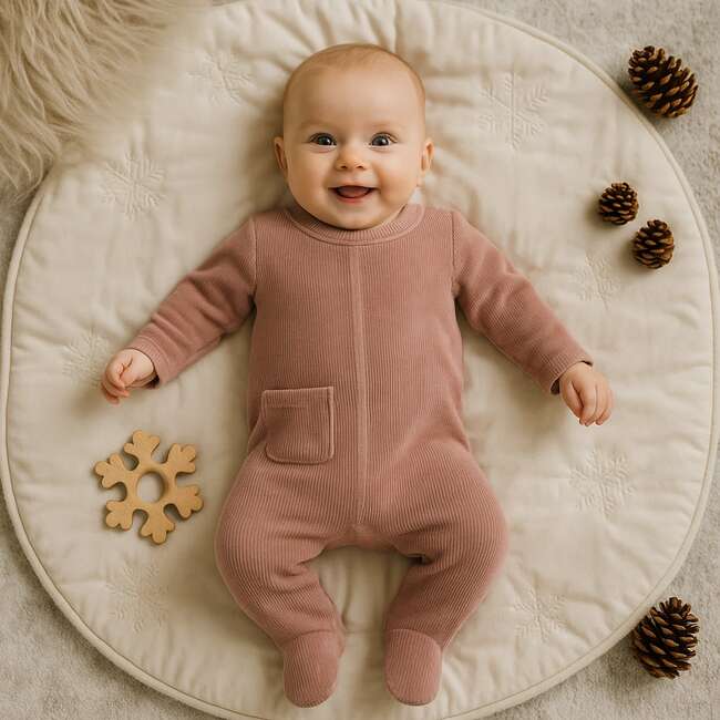 Ribbed Velour Footie and Beanie Set, Mauve - Footie Pajamas - 2
