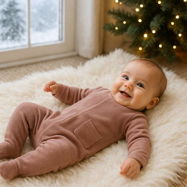 Ribbed Velour Footie and Beanie Set, Mauve - Footie Pajamas - 3