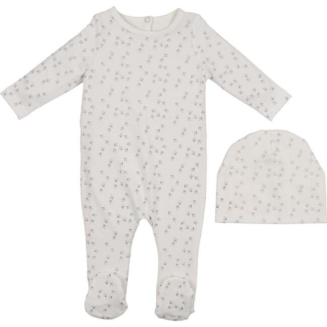 Printed Leaf Footie and Beanie Set, Off White