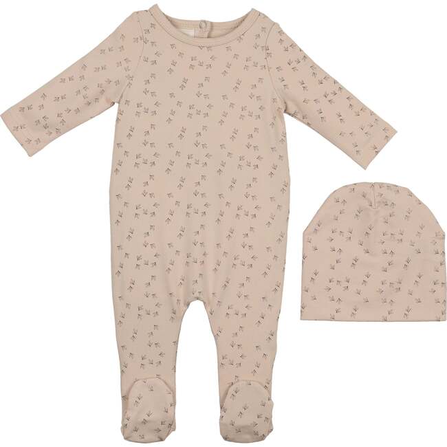 Printed Leaf Footie and Beanie Set, Biscuit