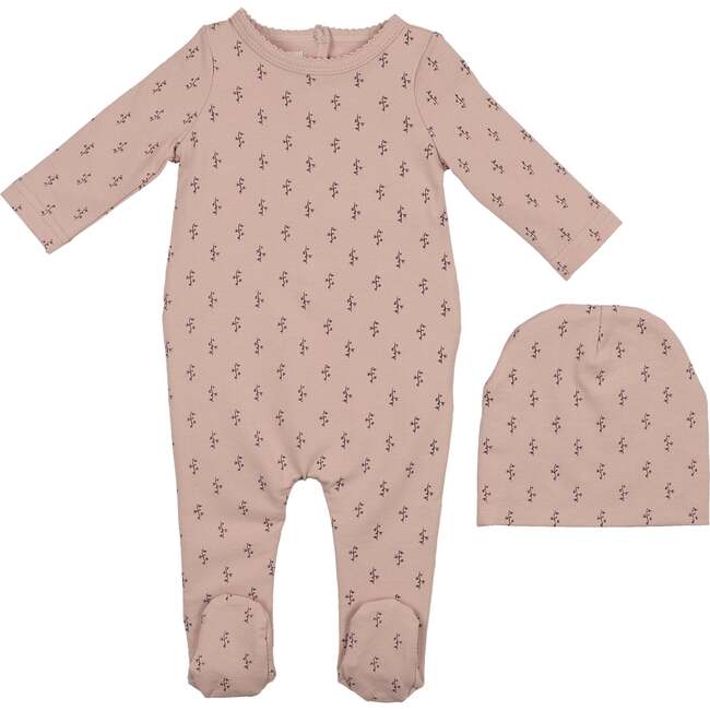 Printed Floral Footie and Beanie Set, Dusty Mauve