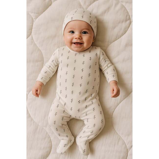 Printed Floral Footie and Beanie Set, Off White - Footie Pajamas - 2