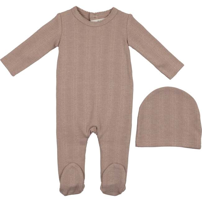 Pointelle Basic Footie and Beanie Set, Sand