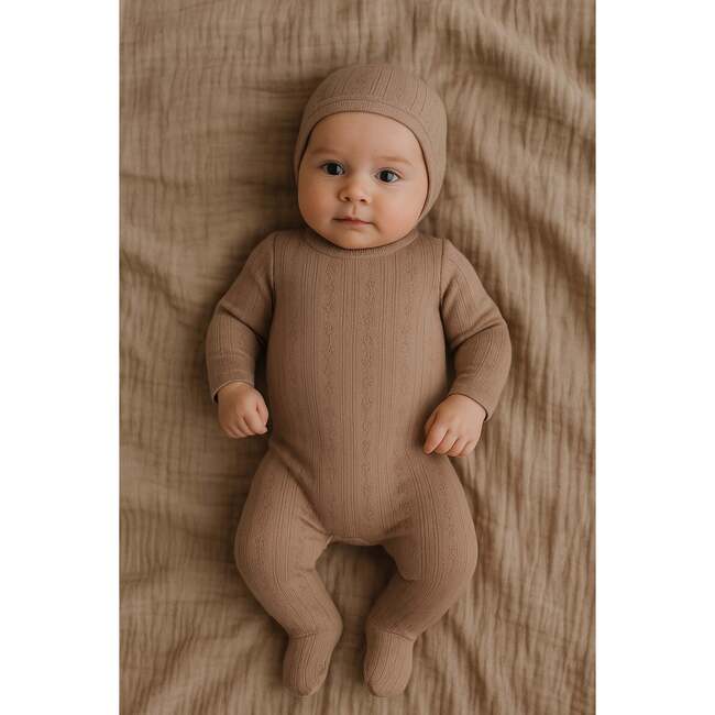 Pointelle Basic Footie and Beanie Set, Sand - Footie Pajamas - 2