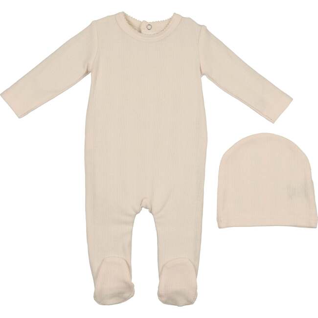 Pointelle Basic Footie and Beanie Set, Oatmeal