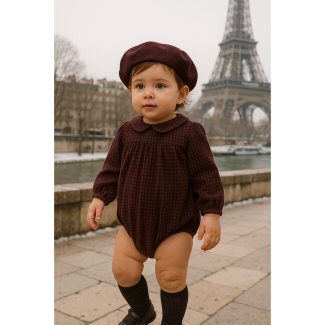 Plaid Collar Girls Romper, Wine - Rompers - 2