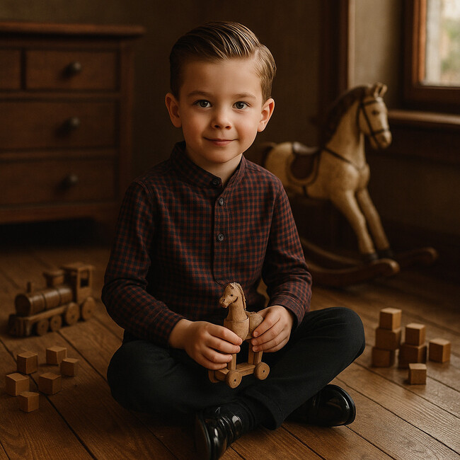 Plaid Collar Boys Shirt, Wine - Button Downs - 2