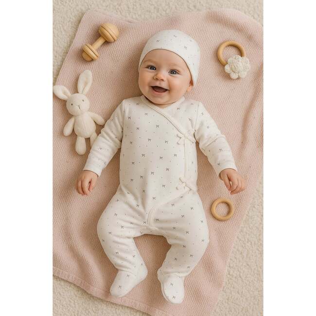 Bow Wrap Footie and Beanie Set, Off White - Footie Pajamas - 2