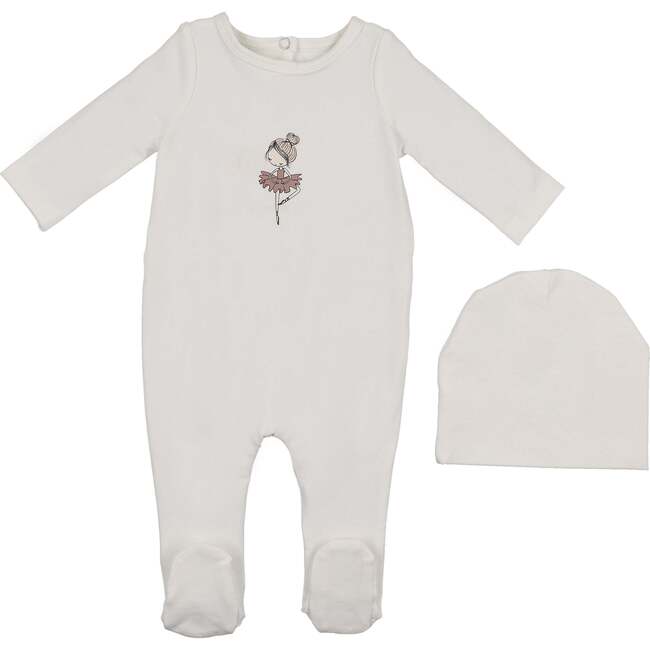 Ballerina Printed Footie and Beanie Set, Off White