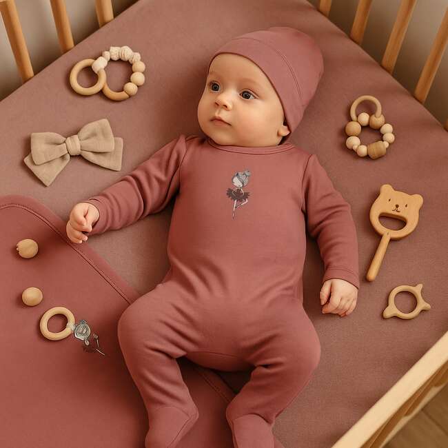 Ballerina Printed Footie and Beanie Set, Berry - Footie Pajamas - 2