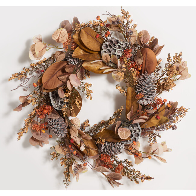 Faux 32 Inch, Brown/ Orange, Eucalyptus & Lotus Wreath with Pine Cones
