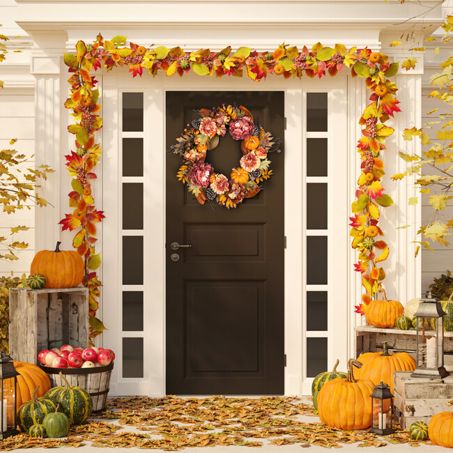 Faux 28 Inch Peony & Pumpkin Wreath with Pine Cones - Wreaths - 2