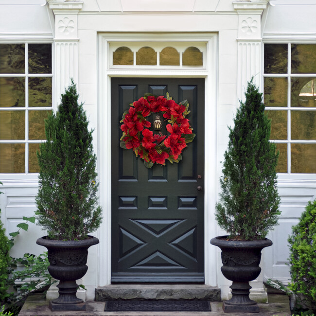 Faux 24 Inch Amaryllis & Magnolia Leaf Wreath - Wreaths - 2