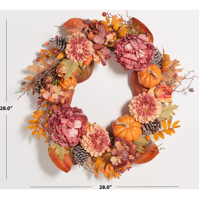 Faux 28 Inch Peony & Pumpkin Wreath with Pine Cones - Wreaths - 3