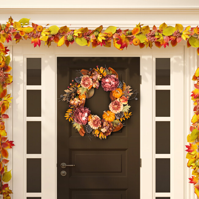 Faux 28 Inch Peony & Pumpkin Wreath with Pine Cones - Wreaths - 4