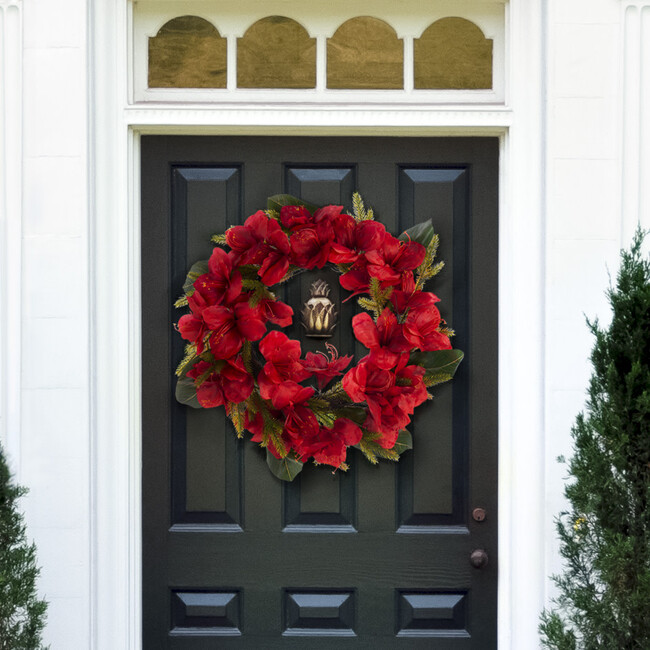 Faux 24 Inch Amaryllis & Magnolia Leaf Wreath - Wreaths - 4