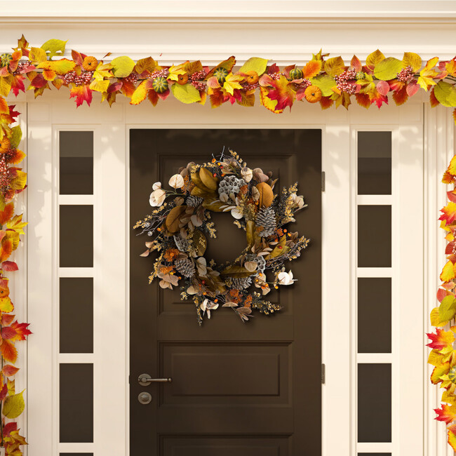 Faux 32 Inch, Brown/ Orange, Eucalyptus & Lotus Wreath with Pine Cones - Wreaths - 4