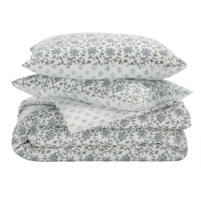Floral Reversible Comforter Set, 144Tc, 100% Cotton, Blue Mist/Sage Green