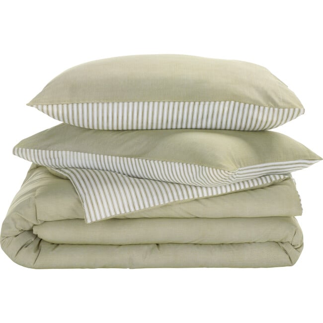 Stripe Reversible Comforter Set, 144Tc, 100% Cotton, Olive/White