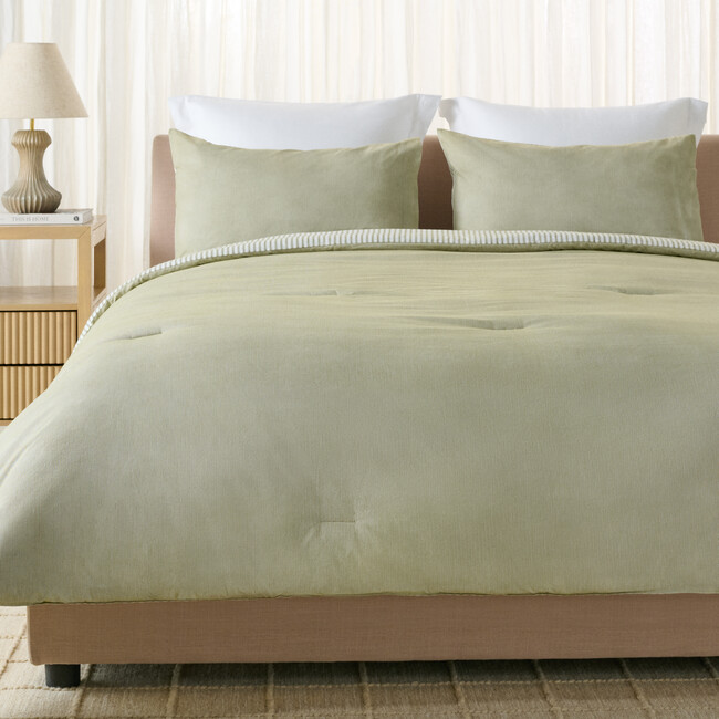 Stripe Reversible Comforter Set, 144Tc, 100% Cotton, Olive/White - Duvet Sets - 2