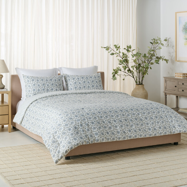 Floral Reversible Comforter Set, 144Tc, 100% Cotton, Blue Mist/Sage Green - Duvet Sets - 4