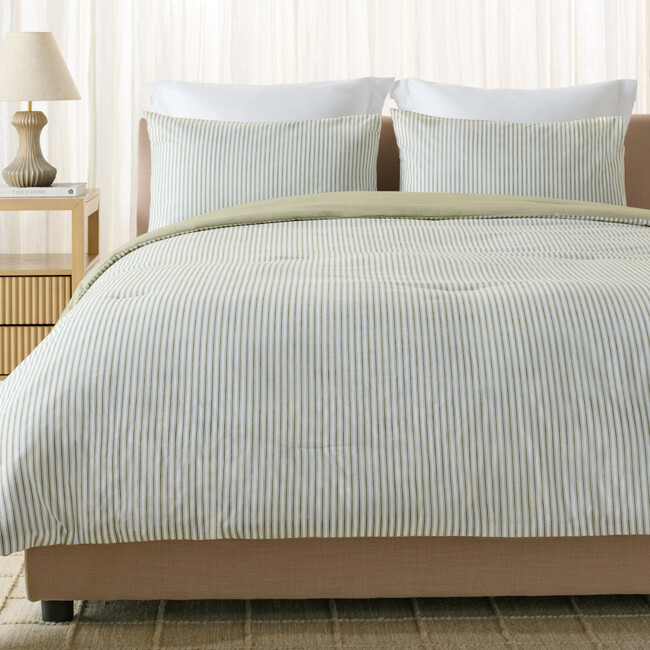 Stripe Reversible Comforter Set, 144Tc, 100% Cotton, Olive/White - Duvet Sets - 3