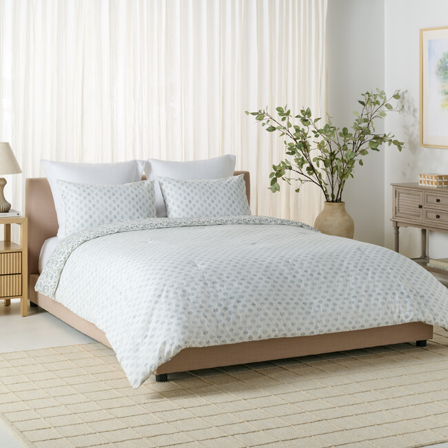 Floral Reversible Comforter Set, 144Tc, 100% Cotton, Blue Mist/Sage Green - Duvet Sets - 5
