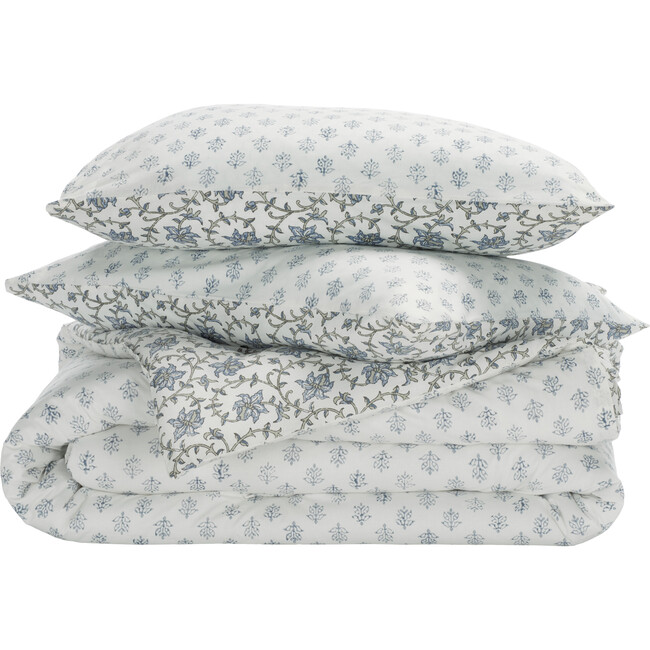 Floral Reversible Comforter Set, 144Tc, 100% Cotton, Blue Mist/Sage Green - Duvet Sets - 6
