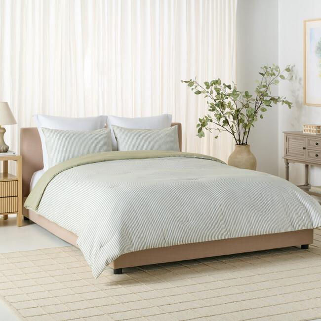 Stripe Reversible Comforter Set, 144Tc, 100% Cotton, Olive/White - Duvet Sets - 5
