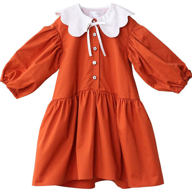Selena Contrast Scalloped Collar Bow-Tie Midi Dress, Tangerine