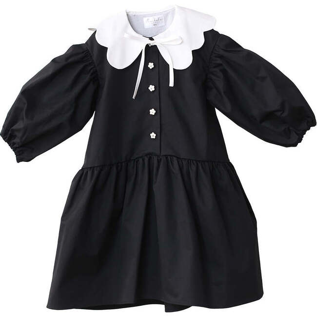 Selena Contrast Scalloped Collar Bow-Tie Midi Dress, Black