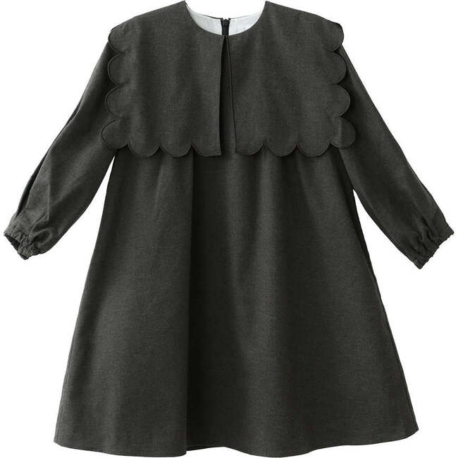 Melody Scalloped Round Neck Long Sleeve Midi Dress, Khaki Charcoal