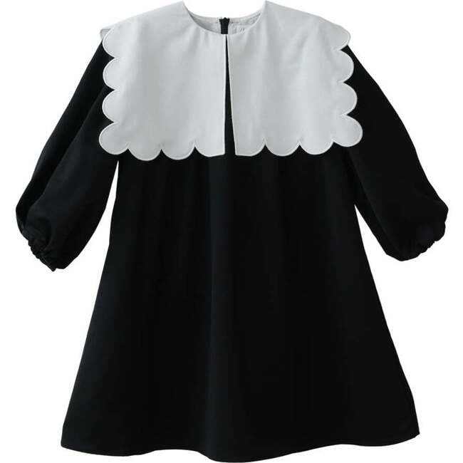 Melody Scalloped Round Neck Long Sleeve Midi Dress, Black & Ivory