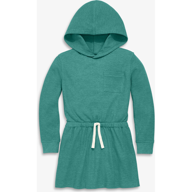 Kids Waffle Hoodie Drawstring Dress, Heather Sunwashed Teal