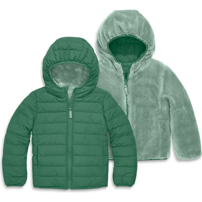Kids Reversible Fleece Puffer Jacket, Chive/Cactus
